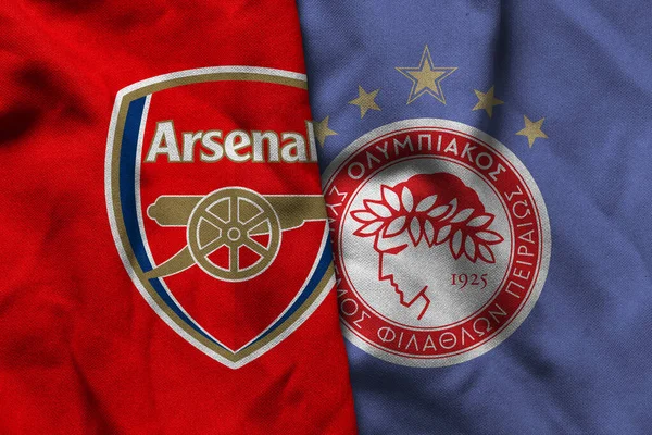 Pringsewu, Lampung; 16 Eylül 2025; UEFA Şampiyonlar Ligi maçında Olympiacos 'a karşı Arsenal futbol kulübü logosunun orijinal dalgalı kumaşı