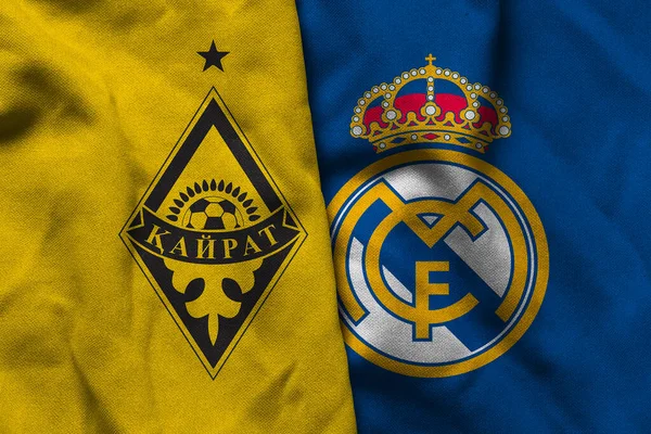 Pringsewu, Lampung; 16 Eylül 2025; UEFA Şampiyonlar Ligi maçında Real Madrid 'e karşı Kairat futbol kulübü logosunun orijinal dalgalı kumaşı