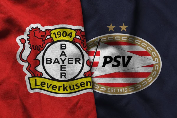 Pringsewu, Lampung; 16 Eylül 2025; UEFA Şampiyonlar Ligi maçında PSV 'ye karşı Bayer Leverkusen futbol kulübü logosunun orijinal dalgalı kumaşı