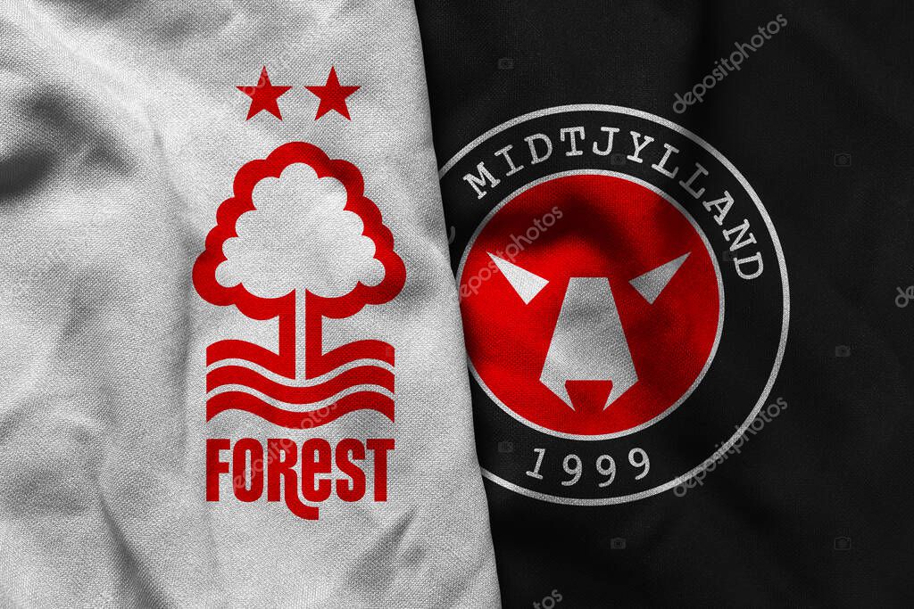 Pringsewu, Lampung; September 2, 2025; Nottingham Forest football club logo texture corrugated fabric Midtjylland match uefa europa league match