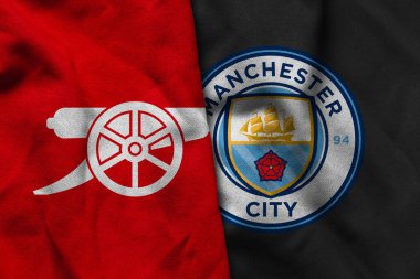 Pringsewu, Lampung; 19 Eylül 2025; Kırmızı dalgalı desenli Arsenal futbol kulübü birleşimi Manchester City Premier Lig maçı