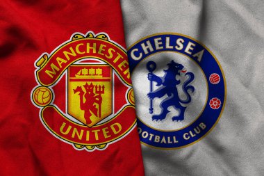 Pringsewu, Lampung; 19 Eylül 2025; Manchester United futbol kulübü logosu kıvrımlı kumaş Chelsea Premier Lig Maçı