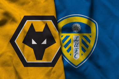 Pringsewu, Lampung; 19 Eylül 2025; Wolves futbol kulübü logosu kıvrımlı kumaş Leeds United Premier Lig maçı