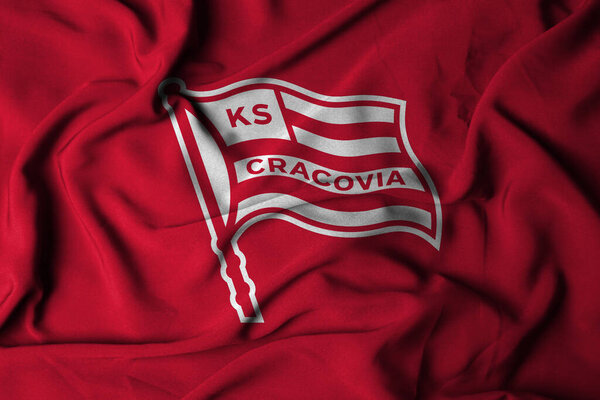 Pringsewu, Lampung; September 20, 2025; the badge logo on the flag of the Cracovia Krakow Football Club in the Polish top league Ekstraklasa