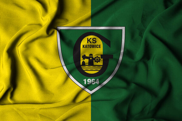 Pringsewu, Lampung; September 20, 2025; the badge logo on the flag of the GKS Katowice Football Club in the Polish top league Ekstraklasa