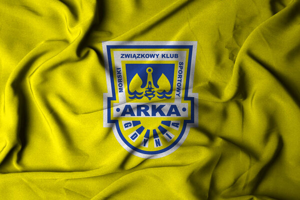 Pringsewu, Lampung; September 20, 2025; the badge logo on the flag of the Arka Gdynia Football Club in the Polish top league Ekstraklasa