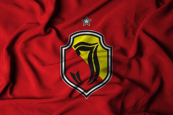 Pringsewu, Lampung; September 20, 2025; the badge logo on the flag of the Jagiellonia Biaystok Football Club in the Polish top league Ekstraklasa