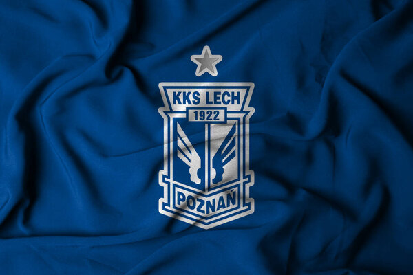 Pringsewu, Lampung; September 20, 2025; the badge logo on the flag of the Lech Poznan Football Club in the Polish top league Ekstraklasa