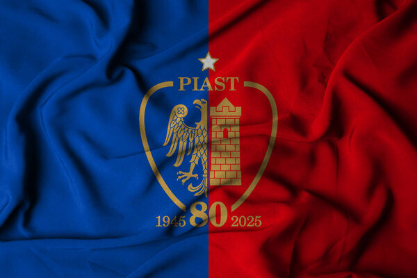 Pringsewu, Lampung; September 20, 2025; the badge logo on the flag of the Piast Gliwice Football Club in the Polish top league Ekstraklasa