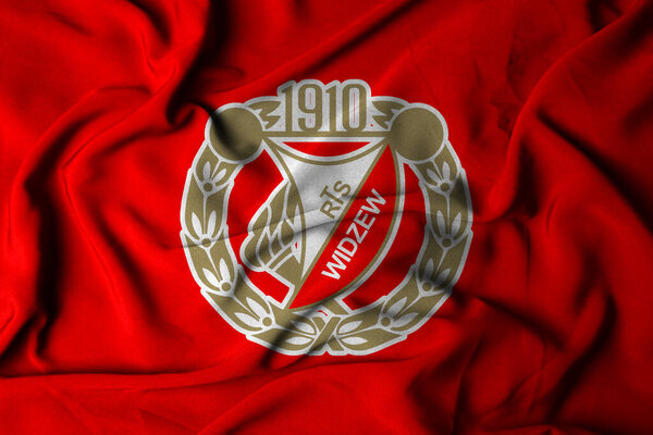 Pringsewu, Lampung; September 20, 2025; the badge logo on the flag of the Widzew Lodz Football Club in the Polish top league Ekstraklasa