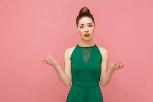 Attractive Beautiful Puzzled Woman Divorced Hands Looking Camera Pink Background — Stock Photo, Image