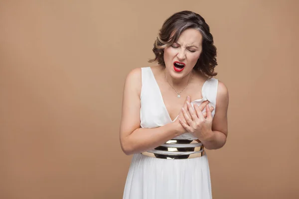 Woman White Dress Touching Chest While Have Pain Heart Light — Stock Photo, Image