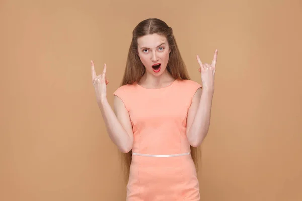 Amazed Woman Opened Mouth Showing Rock Roll Signs Looking Camera — Stock Photo, Image