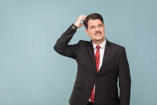 Puzzled Businessman Mustache Wearing Black Suit Red Tie Touching Head — Stock Photo, Image