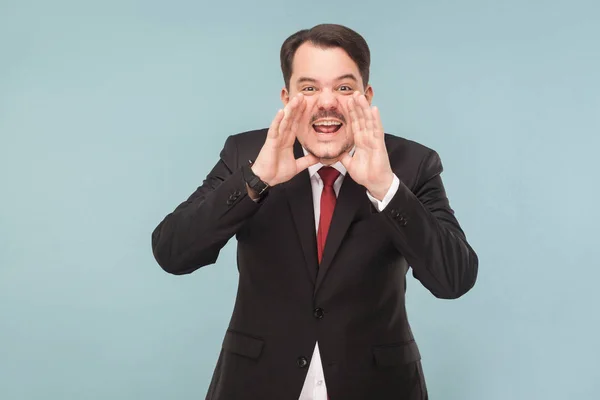 Worry Businessman Mustache Wearing Black Suit Red Tie Shouting Camera — Stock Photo, Image