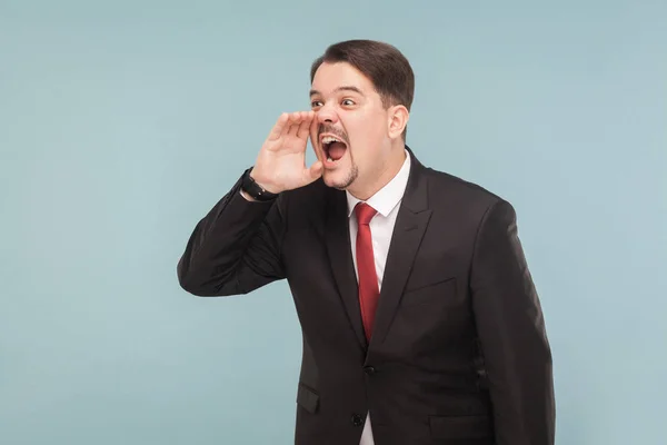 Homem Negócios Preocupado Com Bigode Vestindo Terno Preto Gravata Vermelha — Fotografia de Stock