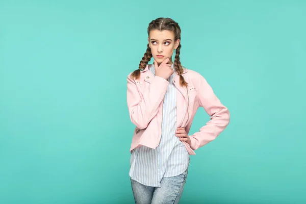 Confused Young Woman Pigtail Hairstyle Blue Background — Stock Photo, Image