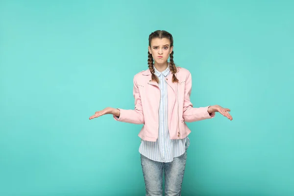 Confused Young Woman Pigtail Hairstyle Blue Background — Stock Photo, Image