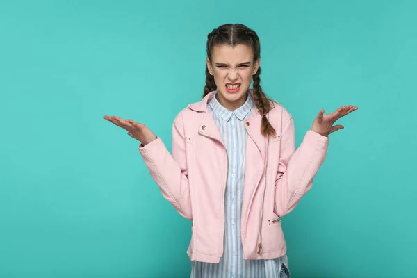 Jovem Com Penteado Pigtail Mostrando Que Você Quer Gesto Fundo — Fotografia de Stock