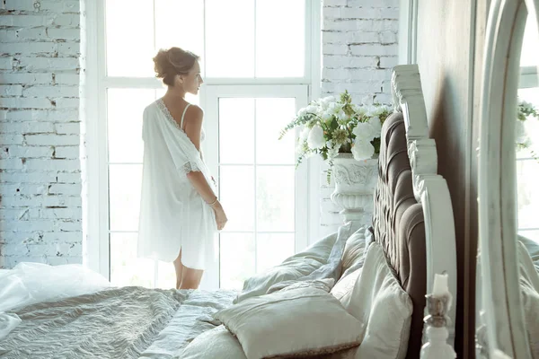 Young Woman Lace Lingerie Standing Front Huge Window — Stock Photo, Image