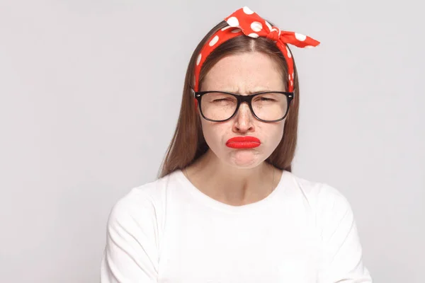 Sad Unhappy Young Woman White Shirt Glasses Light Gray Background — Stock Photo, Image