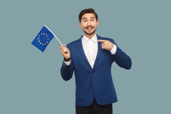 Handsome Businessman Blue Jacket White Shirt Pointing Finger European Union — Stock Photo, Image
