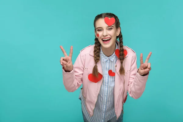 Toothy Smiley Funny Woman Pigtail Hairstyle Standing Pasted Red Heart — Stock Photo, Image