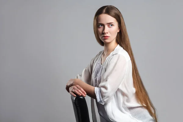 Portrait Thoughtful Serious Young Model Actor Long Brown Hair White — Stock Photo, Image