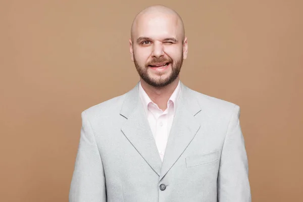 Retrato Feliz Divertido Guapo Mediana Edad Calvo Barbudo Hombre Negocios — Foto de Stock