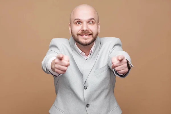 Handsome Middle Aged Bald Bearded Businessman Light Gray Suit Standing — Stock Photo, Image