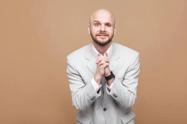 Trabajador Negocios Barbudo Calvo Mediana Edad Traje Gris Claro Pie — Foto de Stock