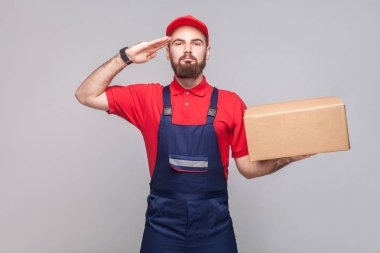 Karton kutu tutarak ve selam jest gri arka plan üzerinde gösterilen mavi üniforma ve kırmızı t-shirt sakallı genç emin lojistik teslimat adam