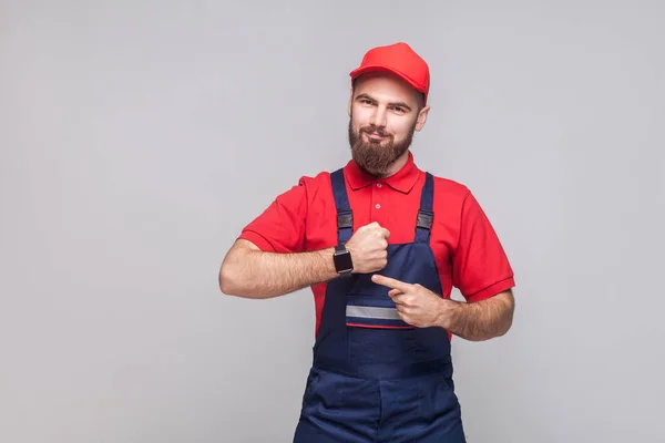 Young Confident Handyman Beard Blue Overall Red Shirt Standing Showing — Stock Photo, Image