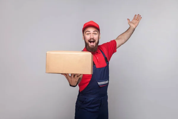 Young Happy Logistic Delivery Man Beard Blue Uniform Red Shirt — Stock Photo, Image