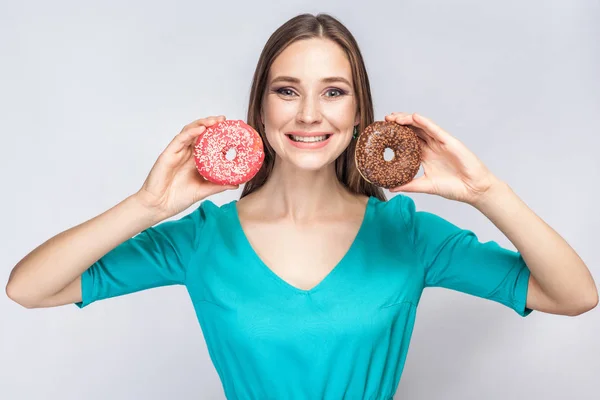 Portrait Positive Smiling Young Beautiful Woman Blue Blouse Showing Pink — Stock Photo, Image