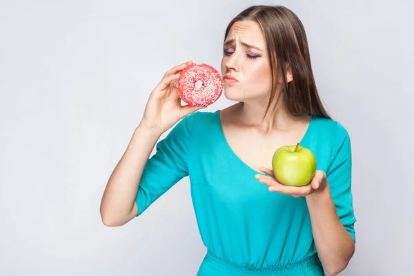 Portrait Desiring Young Beautiful Woman Blue Blouse Holding Pink Donut — Stock Photo, Image