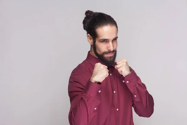 Portrait Serious Handsome Man Dark Collected Long Hair Beard Red — Stock Photo, Image