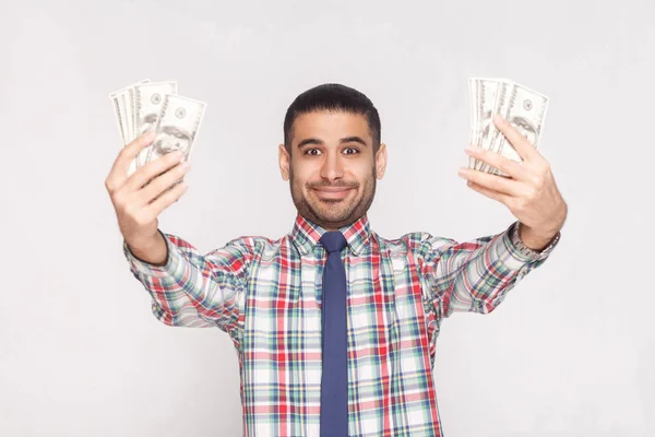 Retrato Joven Hombre Negocios Guapo Jactancioso Satisfecho Con Camisa Cuadros — Foto de Stock