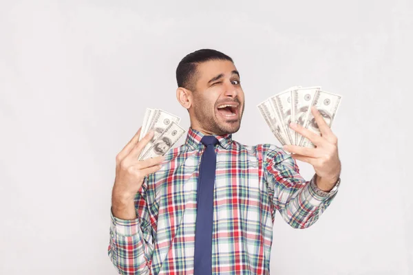 Feliz Alegre Guapo Joven Adulto Hombre Negocios Colorida Camisa Cuadros — Foto de Stock