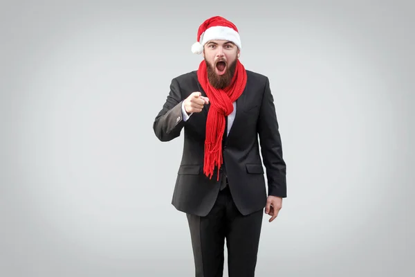 Surprised Handsome Bearded Businessman Black Classic Suit Christmas Cup Red — Stock Photo, Image