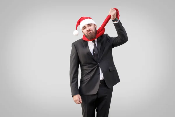 Thoughts Suicide Unhappy Businessman Bankrot Looking Camera Holding His Scarf — Stock Photo, Image