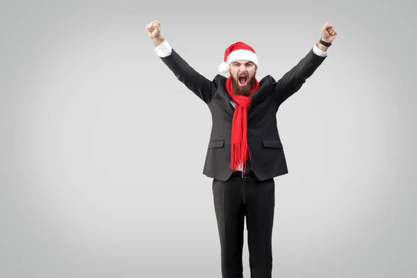 Bearded Businessman Classic Black Suit Red Scarf New Year Hat — Stock Photo, Image