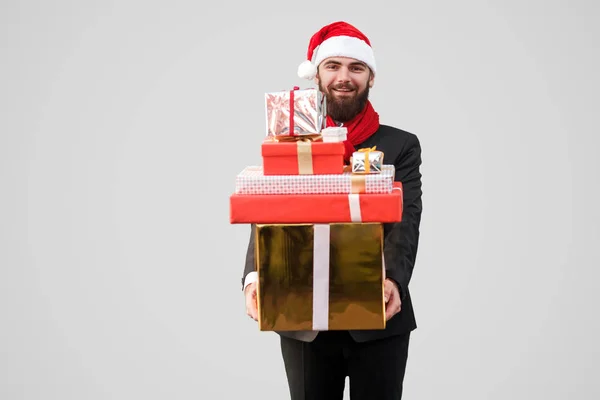 Empresário Barbudo Bonito Feliz Terno Preto Com Cachecol Vermelho Chapéu — Fotografia de Stock