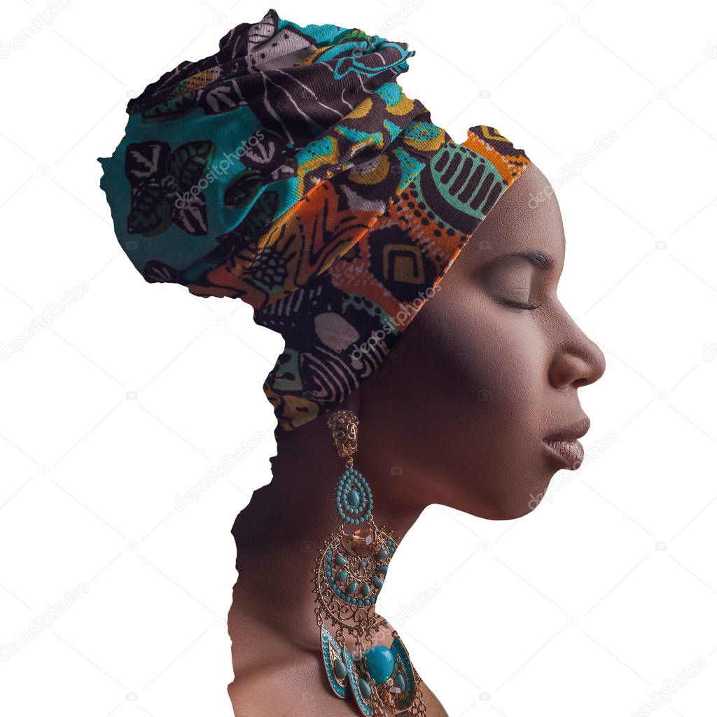 side view portrait of closed eyes beautiful african woman with tradition headscarf and earrings in border of Africa continent isolated on white background, composite creative beauty work