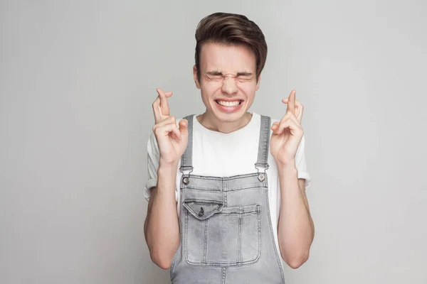 Portrait Hopeful Young Brunette Man Casual Style White Shirt Denim — Stock Photo, Image