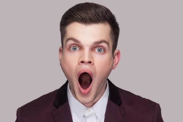 Portrait Shocked Handsome Young Man Violet Suit White Shirt Looking — Stock Photo, Image