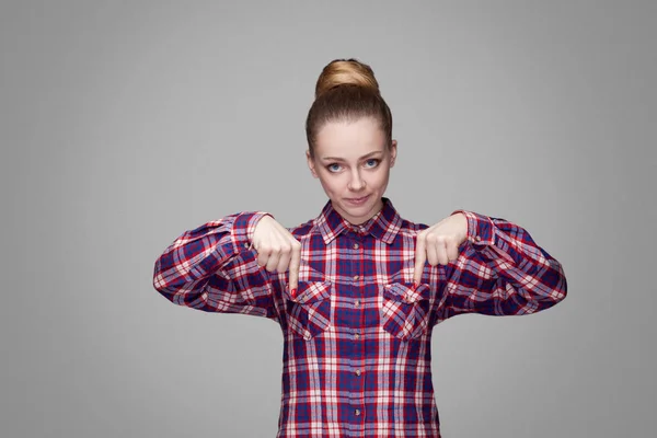 Serious Angry Blonde Woman Pink Checkered Shirt Collected Bun Hairstyle — Stock Photo, Image