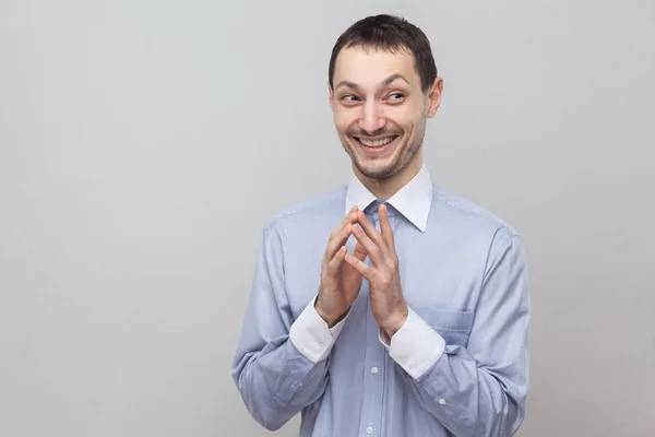 Πορτρέτο Του Αστεία Toothy Smiley Επιχειρηματίας Ψάχνει Μακριά Πονηρό Πρόσωπο — Φωτογραφία Αρχείου
