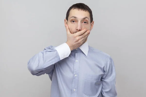 Shocked Businessman Big Eyes Covering Mouth Grey Background Royalty Free Stock Images