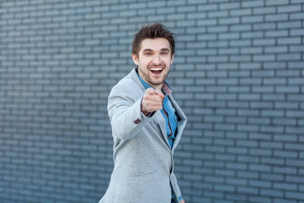 Wow You Portrait Happy Surprised Handsome Bearded Man Casual Style — Stock Photo, Image